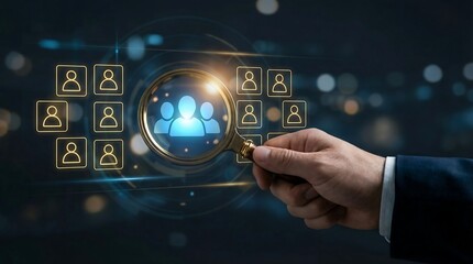 Businessman Analyzes Team Members Through Magnifying Glass on Digital Interface with Human Resource Icons