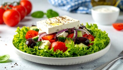 A vibrant salad atop a white plate features a large block of cheese, tomatoes, cucumbers, olives, and red onions. Green lettuce surrounds it, with ingredients, fork, and a sauce nearby