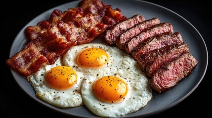 目玉焼きとベーコンとステーキ