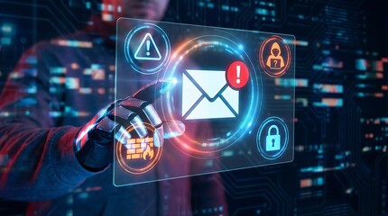 Robotic Hand Interacts with Digital Security Interface Featuring Email Icon, Firewall, Lock, and Warning Symbols