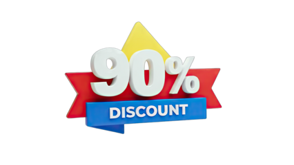 3D 90% Discount Sign with Red Ribbon and Yellow Star on transparent background
