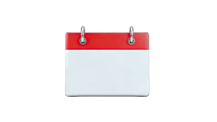 3D Blank Calendar Icon with Red Header and Silver Rings on transparent background