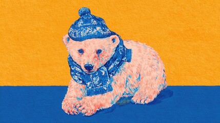 青い帽子とマフラーをつけた子グマ