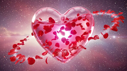 Valentine Crystal Glossy Heart Filled with Red Liquid and Rose Petals, Ethereal Cosmic Space Ambient