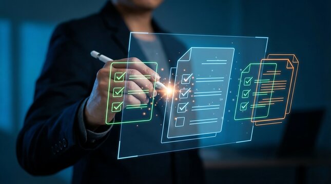 Businessperson using a stylus to check items on a digital checklist interface, representing task management and planning. - Powered by Adobe