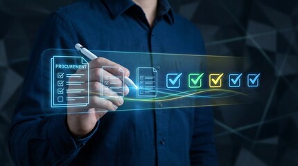 Businessman Tapping on a Digital Screen Showing Procurement Checklist with Checkmarks, Business Process Optimization Concept