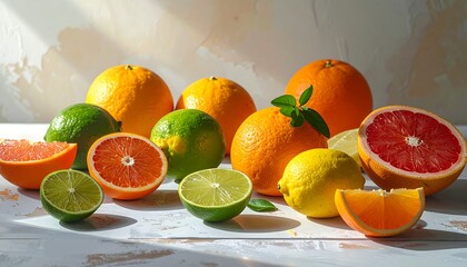 Close-up of diverse citrus fruits, whole and sliced, on a textured surface