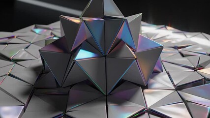 A dynamic and futuristic abstract animation featuring a complex geometric structure composed of numerous metallic silver triangles that intricately unfold and transform into a captivating starlike sh.