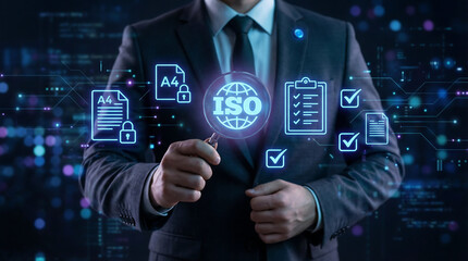Business professional holding ISO certification key with digital compliance icons in futuristic setting