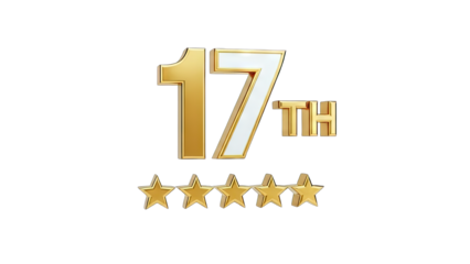 3D Gold 17th with Five Stars on transparent background