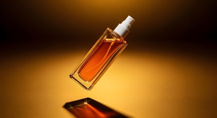 Floating Amber Perfume Bottle with White Cap on Golden Background