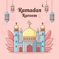 Fototapeta premium Elegant Ramadan Kareem illustration featuring colorful mosque, crescent moon, hanging lanterns and floral elements on soft pastel background, ideal for Islamic greeting cards, posters and festive desi
