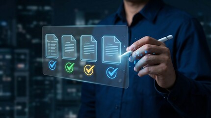 Business professional reviewing digital document approval workflow on transparent interface