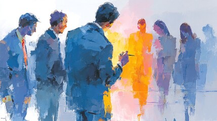 A group in suits looks at a brightly lit central figure