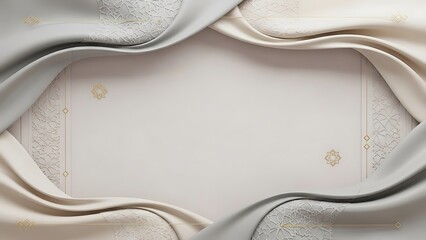 Graceful flowing satin and silk fabric in soft cream tones form an elegant frame, accentuating a delicate patterned background, ideal for luxurious invitations or celebratory announcements