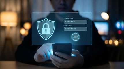 Person entering secure login credentials on smartphone in dimly lit urban workspace environment