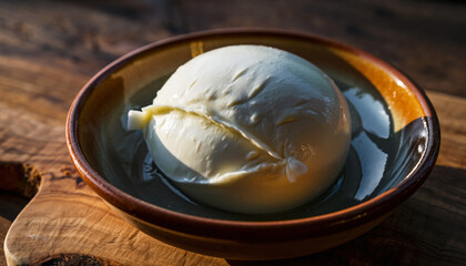 Ball of fresh mozzarella in shallow bowl. Perfect for food blogs, recipes, italian cuisine promotions, cheese advertisements, and cookbooks.