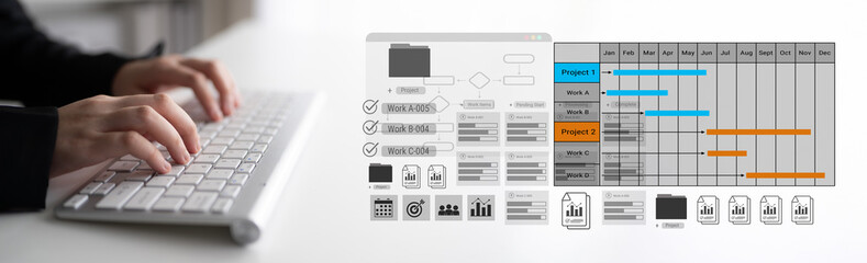 Project tracking system with Gantt chart and workflow elements for business scheduling and task...