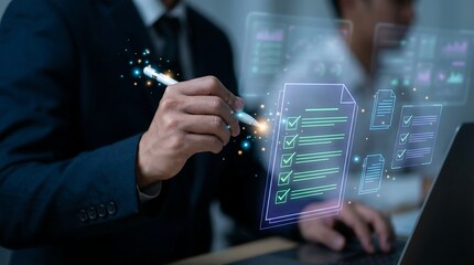 Business professionals analyzing digital checklist with futuristic data interface in corporate meeting room