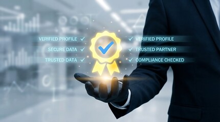 Business professional holding secure digital verification shield with trust and compliance icons in corporate setting