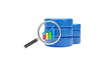 3D Database analysis with magnifying glass and bar chart on transparent background