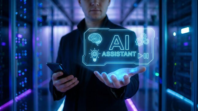 Professional businessman interacts with futuristic AI assistant hologram in high-tech server room environment - Powered by Adobe