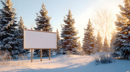 Festive yard sign mockup with snow-covered pine trees and warm golden sunlight