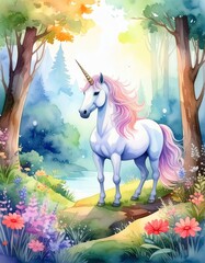 Watercolor style of A serene unicorn standing gracefully in a vibrant forest filled with flowers and soft light, embodying magic and beauty.