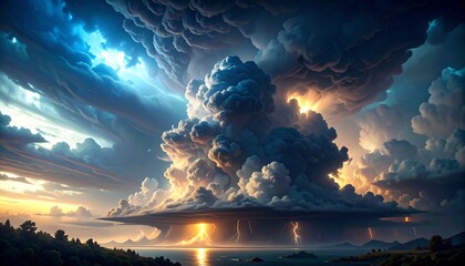 A breathtaking landscape captures a massive storm brewing over the ocean with dramatic clouds, lightning, and vibrant hues