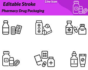 A modern pharmacy drug packaging icon featuring medicine boxes. Blister packs pill bottles arranged neatly. Designed clean minimal lines to represent pharmaceuticals medication packaging healthcare.