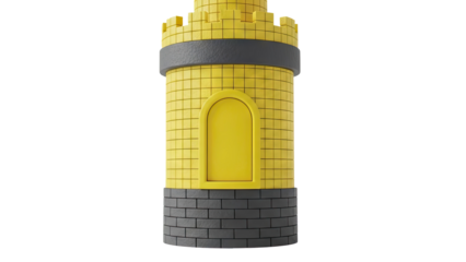 3D Yellow cartoon castle tower with crenellations and arched doorway on transparent background