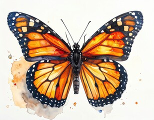 Fototapeta premium Watercolor style of A vibrant and colorful monarch butterfly displaying intricate wing patterns, symbolizing transformation and beauty in nature.