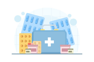 Fototapeta premium Medicines with boxes containing pills and tablets. Vector illustration for pharmacy, healthcare treatment, medical supplies, and pharmaceutical concepts.