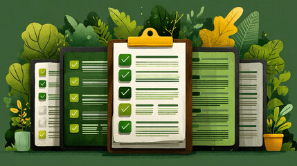 Environmental compliance checklist graphic imagery showing regulatory requirement cues, documentation clarity indicators, sustainability adherence messaging, and structured list format supporting