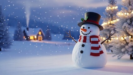 Obraz premium cheerful snowman wearing a top hat and striped scarf stands in a snowy winter wonderland with a cozy illuminated house and Christmas tree in the background.