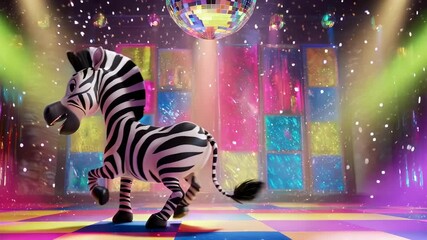 Animated zebra dancing joyfully on a vibrant disco dance floor under a glittering disco ball