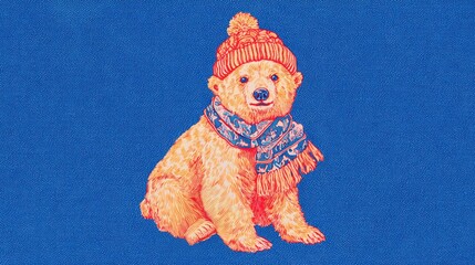 帽子とマフラーをつけた子グマ