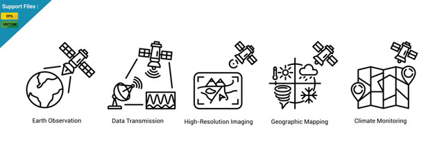 Outline icons set  satellite imagery concepts, Earth observation, data transmission, high-resolution imaging, climate monitoring, and geographic mapping.