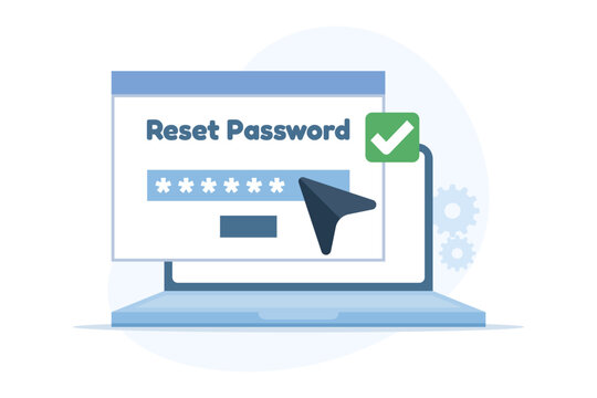Flat design illustration of password reset and account security showing a cursor using a laptop to change passwords online. Ideal for cybersecurity, user protection, and data safety concepts.