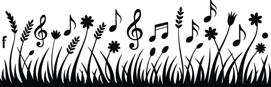 Black silhouette of grass flowers and musical notes