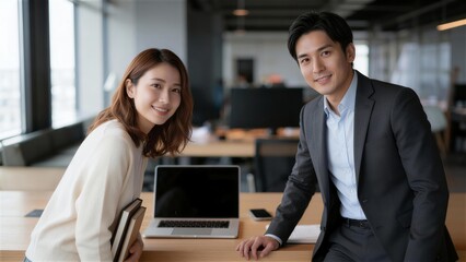 本を抱えた女性とデスクの男性がカメラに向ける爽やかな笑顔