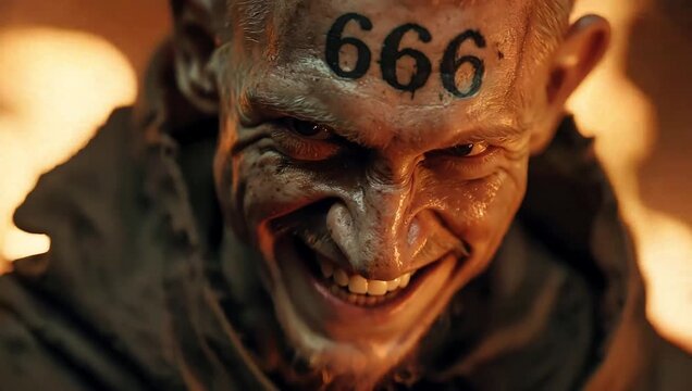 A man with the number of the beast, 666 on his forehead and a burning fire behind him, grinned. Revelation Illustration