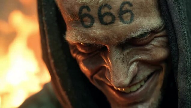 A man with the number of the beast, 666 on his forehead and a burning fire behind him, grinned. Revelation Illustration