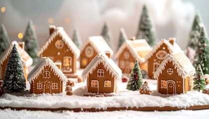 A charming, miniature village crafted from gingerbread, decorated with icing, and set amidst snowy evergreen trees
