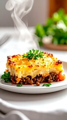 Close-up of savory cottage pie with steaming, fluffy top