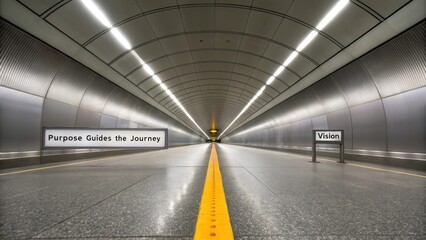 A long, illuminated tunnel with a bright yellow line leading towards the future
