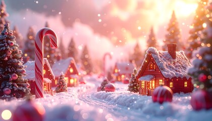 A charming winter scene showcases snowy rooftops, candy canes, twinkling lights, and festive ornaments, creating a magical holiday village setting