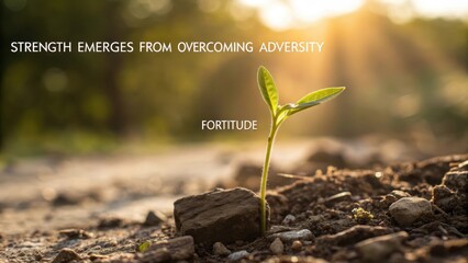 A resilient sprout pushing through rocky soil towards warm sunlight, symbolizing strength and new beginnings.