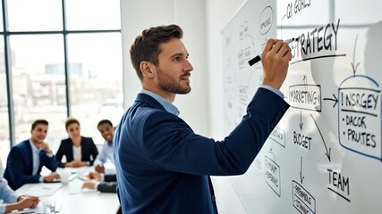 Man presenting strategy on whiteboard to team, at meeting in office - Powered by Adobe