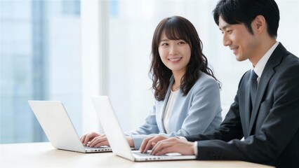 Obraz premium デスクで並んでパソコン作業を行う日本人男女の笑顔